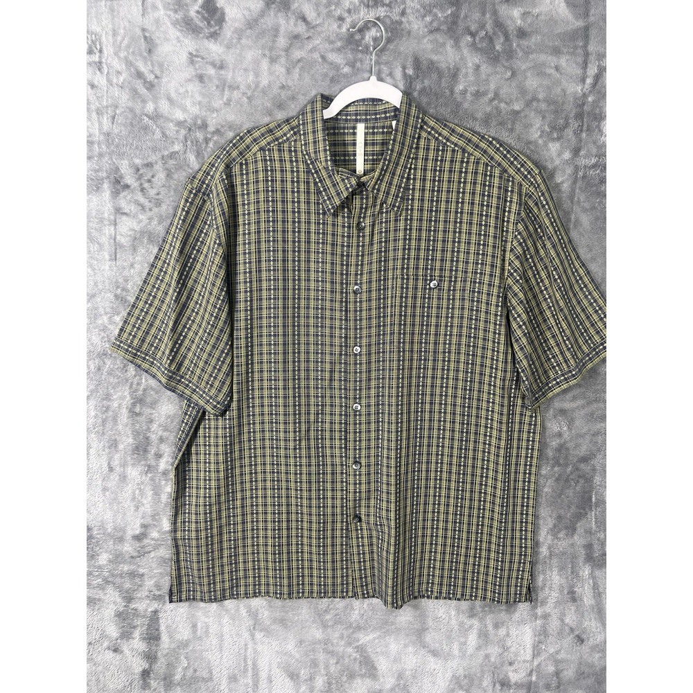 Axis Mens XL Short Sleeve Button Down Shirt Blue Yellow Plaid Modal Rayon Blend